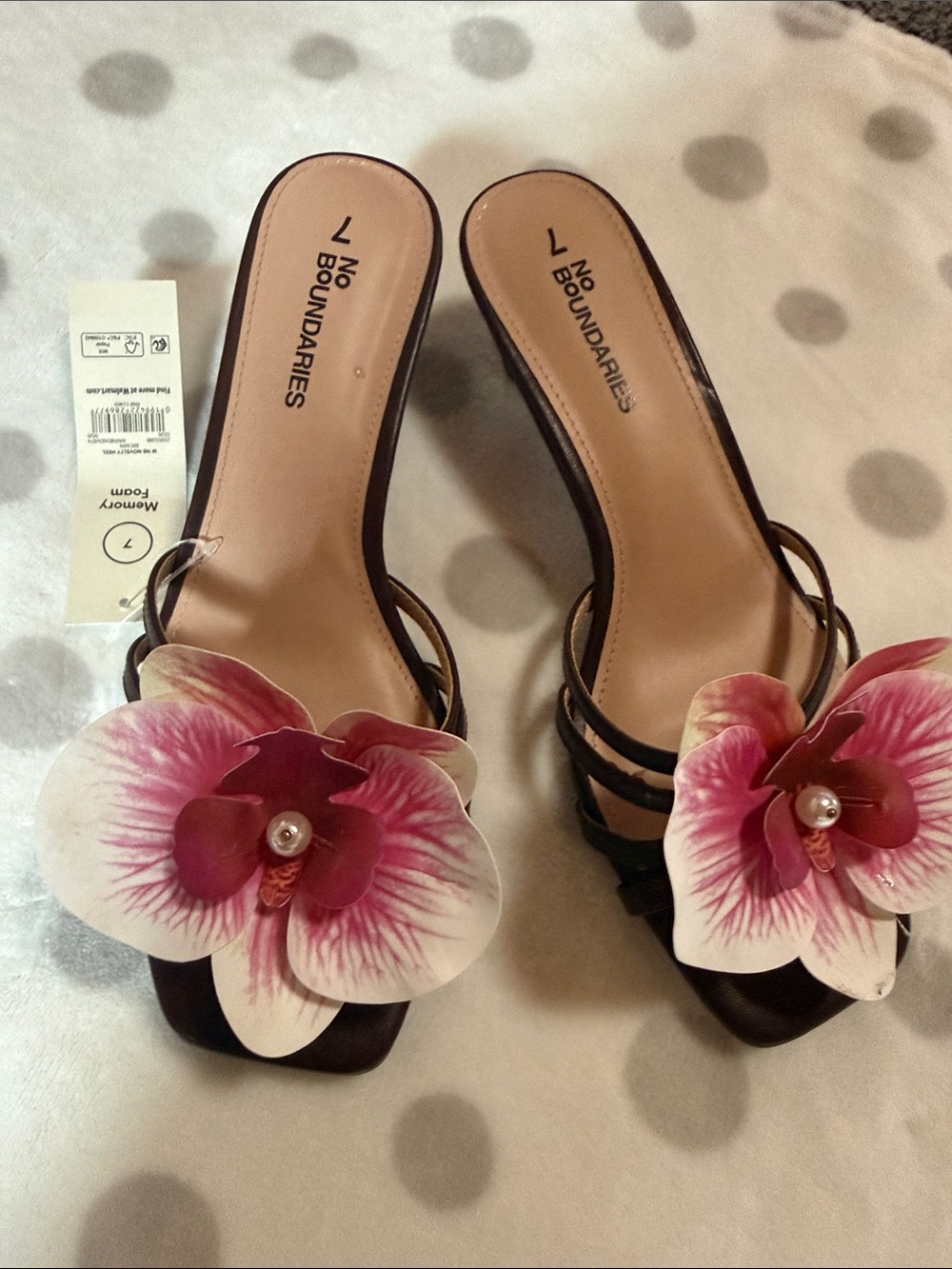 No Boundaries Black Slide Sandals with Pink & White Floral Detail